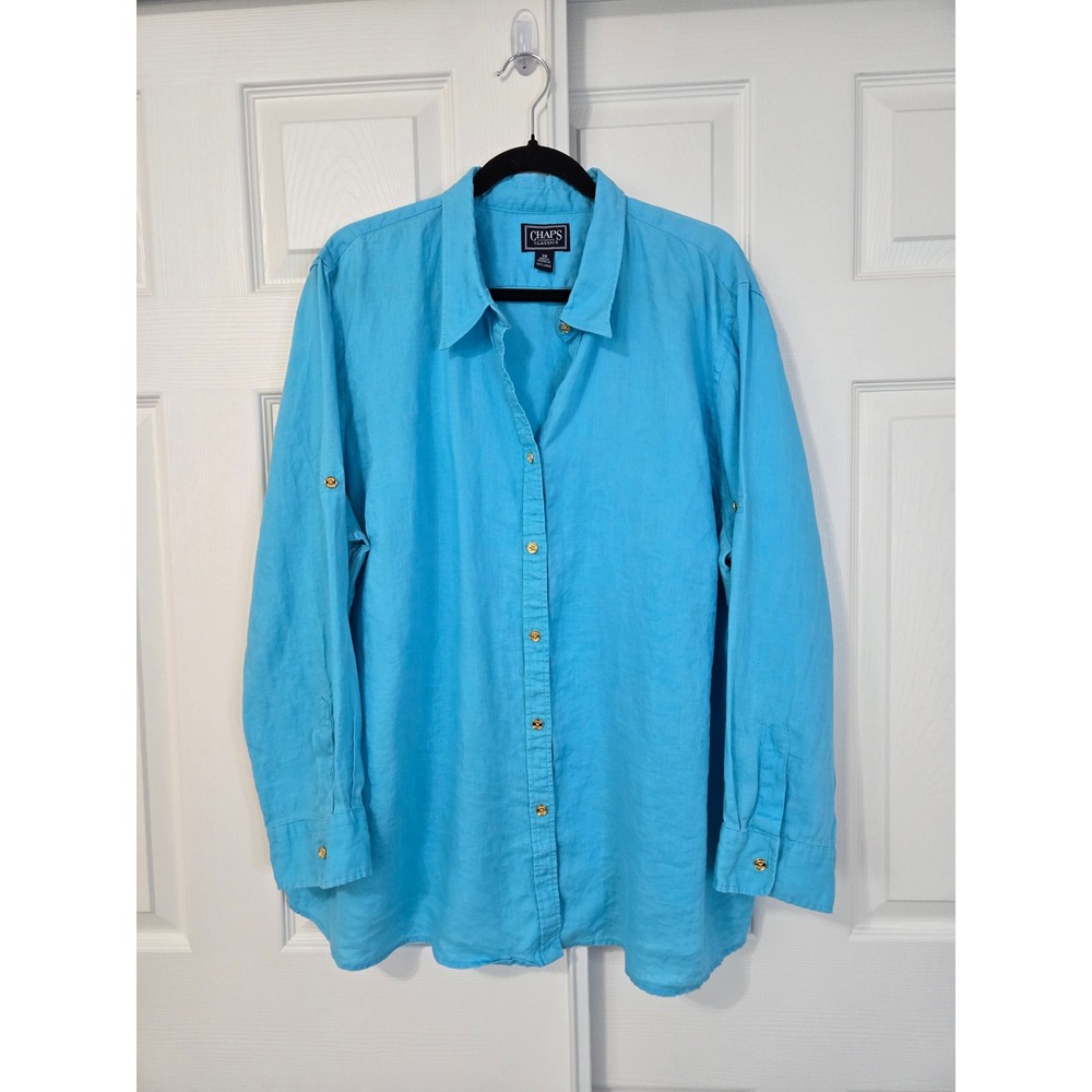 Chaps Classics Women 3X Turquoise Blue 100% Linen Roll Tab Button Down Shirt